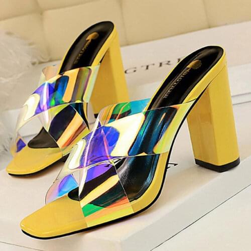 2019 Summer Women 9.5cm High Heels Mules Yellow Slides Open Toe Block Thick Heels Slipper Sandals Luxury Designer White Shoes
