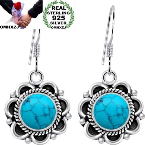 OMHXZJ Wholesale European Fashion Woman Girl Party Wedding Gift Flower Turquoise S925 Sterling Silver Drop Earrings EA373