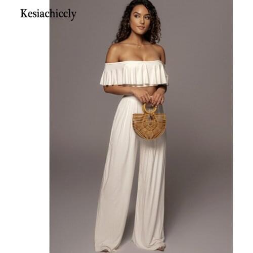 Kesiachiccly Sexy Off Shoulder Solid Jumpsuit Hight Waist Ruffle Summer Long Jumpsuit Office Wide Leg Casual Overalls Beach Wear