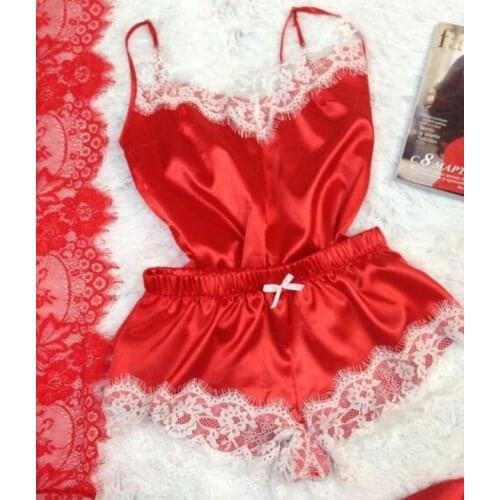 Ladies Sexy Silk Satin Pajama Set Lace Sleeveless 2pcs Pijama Set V-neck Sleepwear Summer Fashion Home Wear Sleep Wear For Women