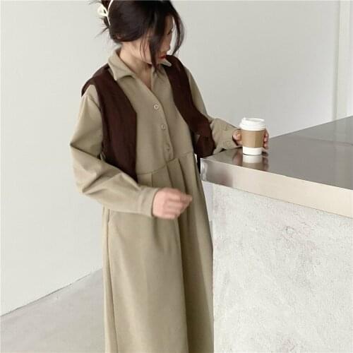 2021 New Women Spring Autumn Long Woolen Shirt Dress Waistband Full Sleeve A-line Thick Midi Dresses