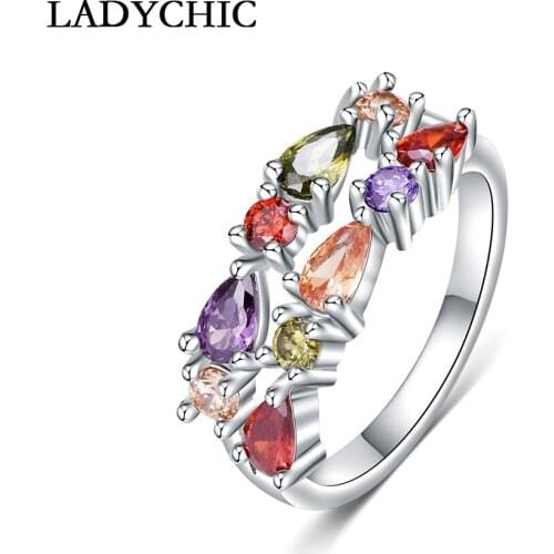 LADYCHIC Fashion Multicolor Crystal Rings Women Classical Silver Color Wedding Cubic Zirconia Finger Ring Jewelry Gift LR1063