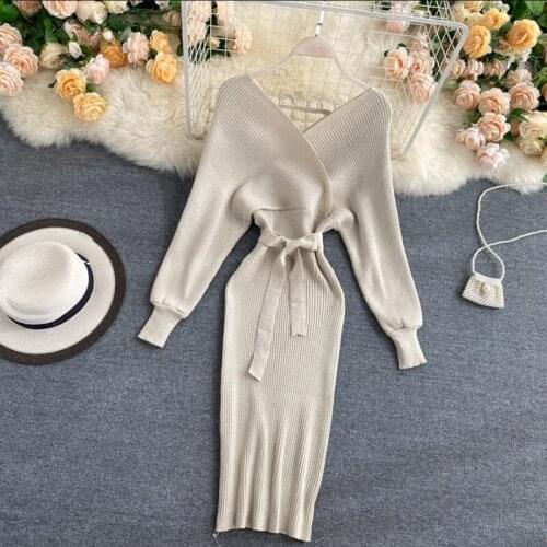 Sparkling Sexy Party Sweater Dress Women Elegant Slim V-Neck Basic Vintage Knitted Dresses Female Autumn Winter Bat Sleeve