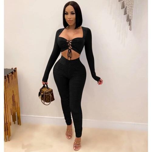 ZKYZWX Sexy Two Piece Set for Women Long Sleeve Lace Up Crop Top Stacked Leggings 2 Matching Sets Club Birthday Outfits