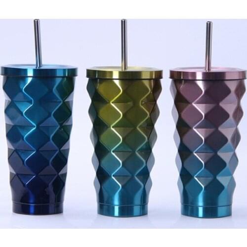 304 Stainless Steel Vacuum Gradient Mug With straws Sucker, Water Mug, Beer Mug 16oz