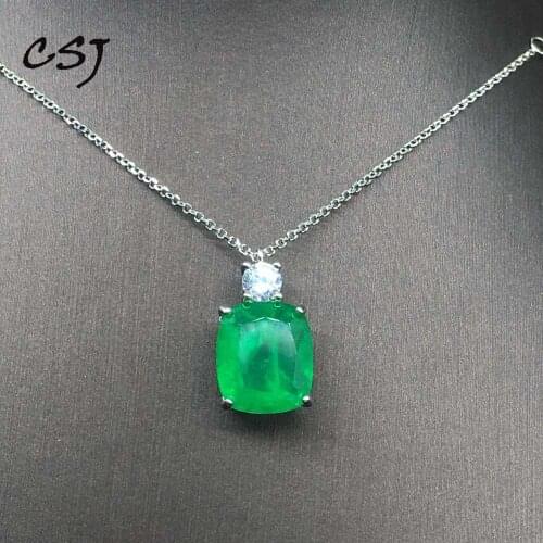 CSJ Created Emerald Pendant Sterling 925 Silver Cushion Cut 12*14mm Fine Jewelry Necklace For Women Wedding Party Gift