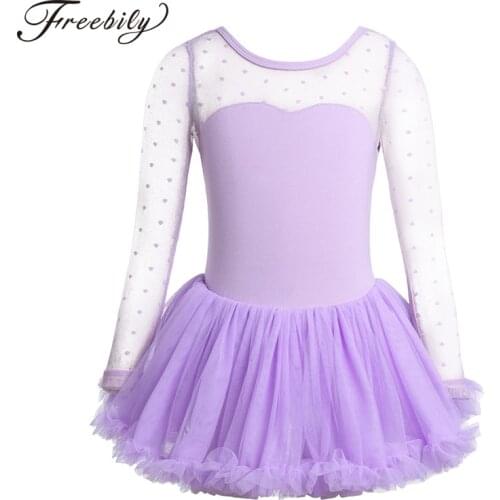 Kids Ballet tutu Dress Cotton Polka Dots Mesh Long Sleeves Ballet Gymnastic Leotard Dresses for Girl Ballet Dancewear Clothes
