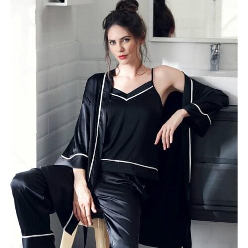 3Pcs Pajamas Set Womens Spring Summer Long Sleeve Viscose Set Sexy Camisole Set Long Robe Loose and Plus-sized Home Wear Tmall