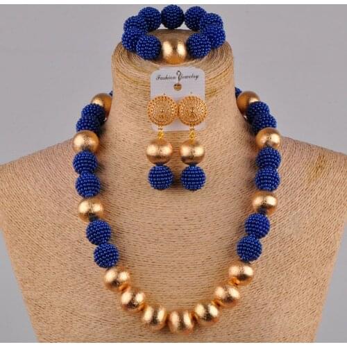 Royal blue african beads jewelry set 24 inches simulated pearl necklace FZZ41