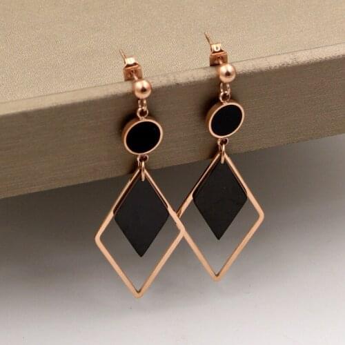 Fashion Love Round Black Rhombus Geometric Bead Ball Drop Earrings Stainless Steel Rose Gold Color Women Party Wedding Gift