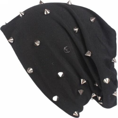 Men Women Winter Knitted Windproof Warm Skull Hip-Hop Cap Fold Black Plus Cotton Thickening Breathable Rivet Punk Hat K33