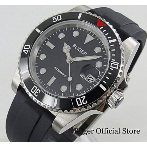 BLIGER Brand Simple 24 Jewels 40mm Self Winding Men Watch Automatic Rubber Strap Ceramic Insert Mental Back