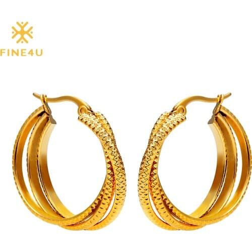 2018 New FINE4U E018 316L Stainless Steel Hoop Earrings Three Circles Twisted Earrings For Women Wedding Jewelry