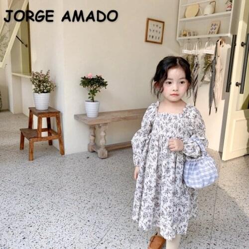 2021 Spring New Girls Dresses Floral Long Puff Sleeve Square Collar Retro Style Princess Dresses Kids Clothes E607