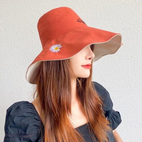Double Sided Big Brim Bucket hat fisherman Cap For Women Japan South Korea Popular Embroidery Travel Beach Sunshade Wild Sun Hat