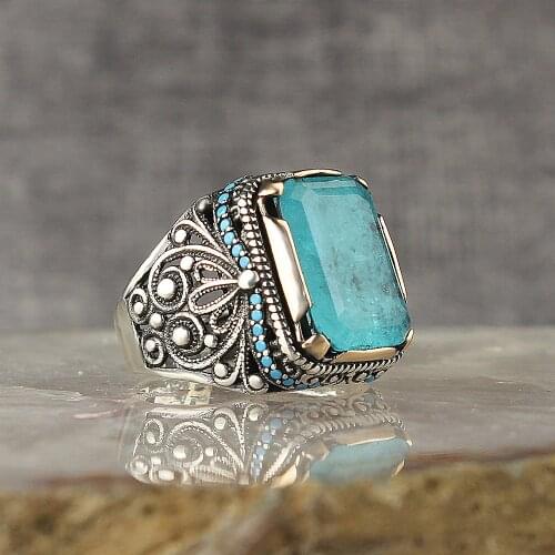 Paraiba Traditional Handmade Turkish 925 Sterling Silver Signet Rings Jewelry Gift From Turkey for Women Men