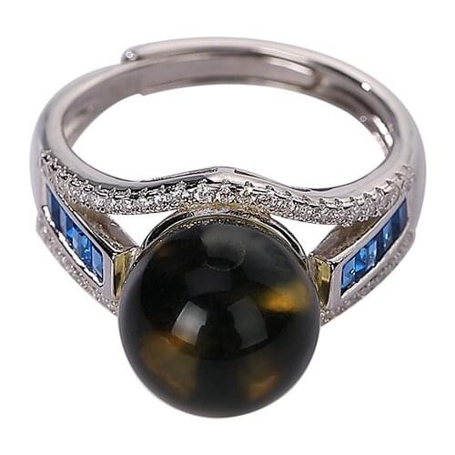 S925 sterling silver natural Mexican blue amber ring personality minimalist elegant round beads Womens Open ring