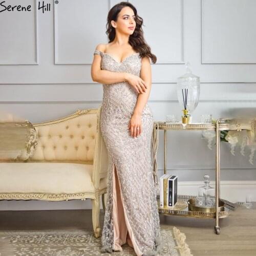Serene Hill Silver Off Shoulder Luxury Mermaid Evening Dress 2020 Diamond Beading Fashion Formal Party Gown CLA6653