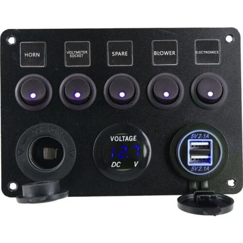 Waterproof 5 Gang Marine Boat Rocker Switch Panel 4.2A Dual USB Slot Socket + Digital Voltage Display + Cigarette Light 12V Outl