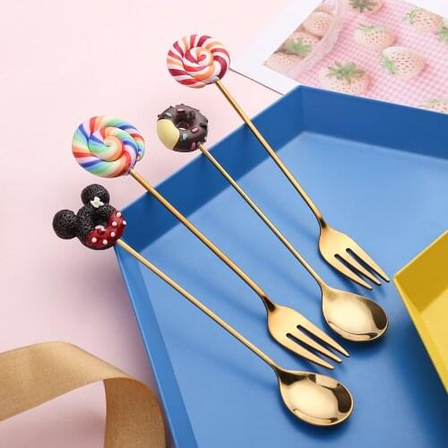 Y Stainless Steel Gold Cake Fork Dessert spoon Fruit Fork Ceramic Long Handle Used For Pastry in Party spoon Restaurant