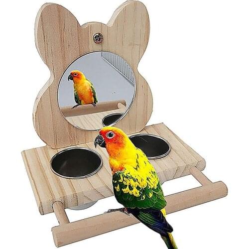 Parrot Mirror Toy, with Stainless Steel Feeding Cup, Bird Cage Wooden Frame Accessories