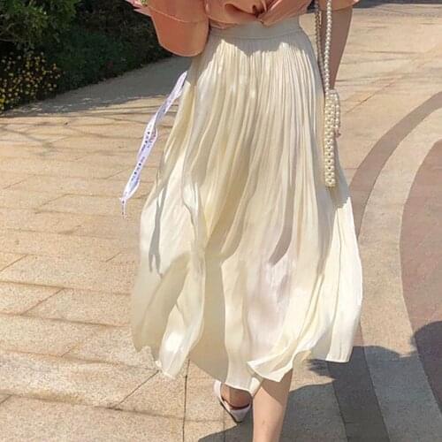 Korean Style 2021 Summer Skirts Women High Waist Elegant Pleated Skirts Office Lady Vintage A-line Chiffon Midi Skirt Female