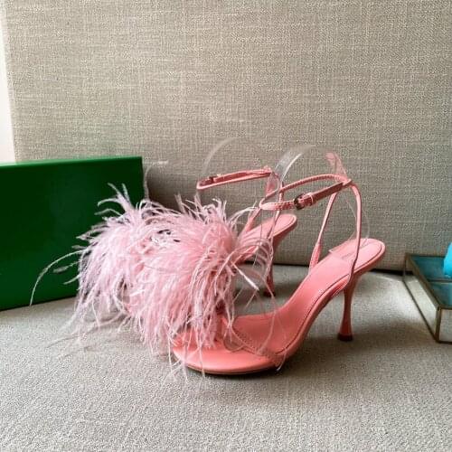 Ostrich Feather Women Sandals Luxury Sandalias Women High Heels Zapatillas Mujer Runway Sapatos Femininos Sexy Chaussure Femme