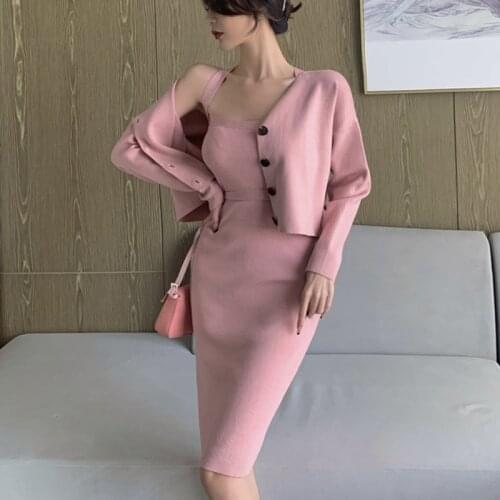 High Quality Autumn Winter Casual Knitted Two Piece Set Women Crop Top Cardigan Coat + Sexy Lace Up Bodycon Sweater Dress Suits