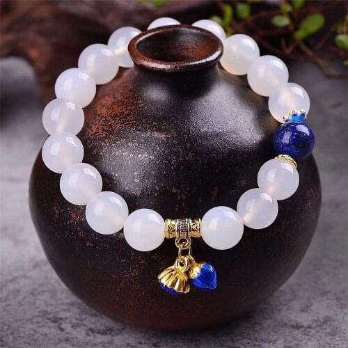 10mm Agate Beads Bracelet For Woman Accessories Lapis Lazuli Cloisonne Lotus Pendant Gemstone Bracelet Natural Stone Jewelry