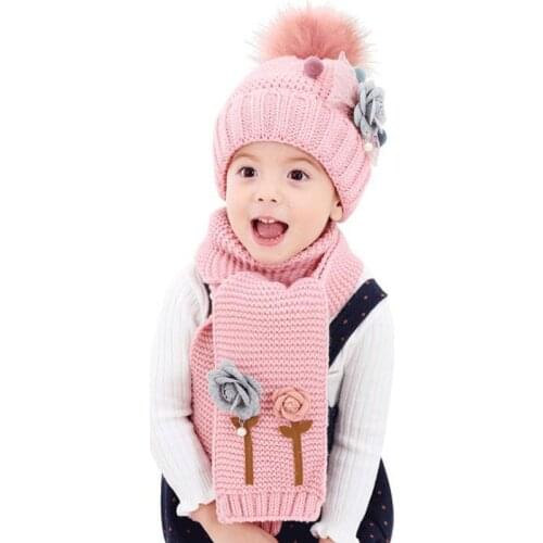 2020 flower hailball beanies sets velvet wool kids boys Knit fur hats winter 2 pcs baby girl scarf hat set Age for 2-8 Years old