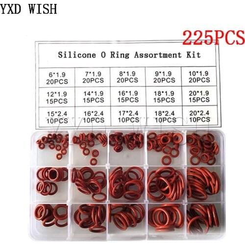 225PCS/Box Rubber O Ring Assortment Kit Oring Washer Gasket Sealing O Ring pack 15 Sizes Red Silicone Rubber Rings O-Ring Set