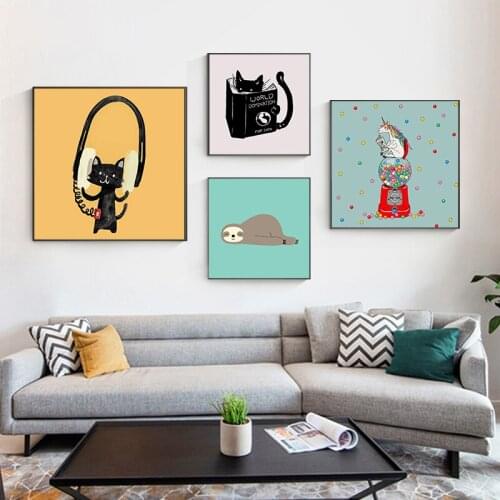 Abstract Cartoon Animals Poster Cat Headset Book Nordic Wall Art Picture Print Canvas Painting Living Room Decoration Home Decor