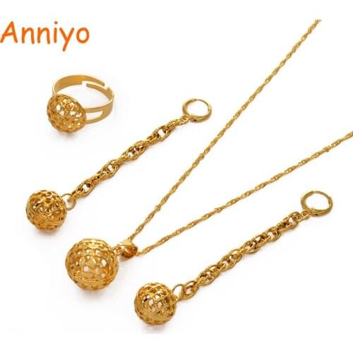 Anniyo Long Drop Dangle Ball Earrings/Necklace/Ring Women Gold Color Exquisite Jewelry set for Wedding Party Daily Wear #061806