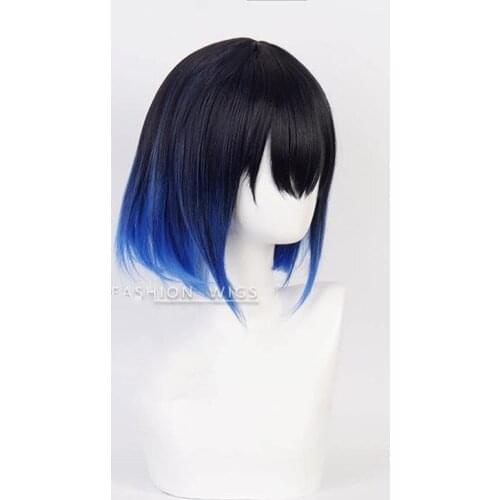 Demon Slayer Cosplay Short Blue Ombre Wig Cosplay Kimetsu No Yaiba Heat Resistant Hair High Temperature Wire Wigs + Free Wig Cap