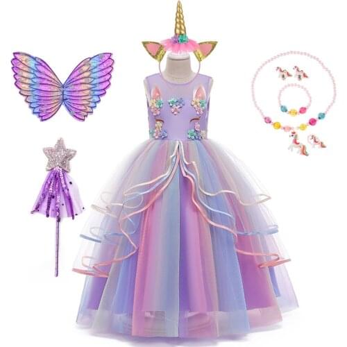 Girls Unicorn Floral Dress Teenagers Prom Gown Child Birthday Party Cosply Halloween Carnival Costume for Kids