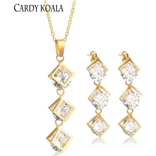 Elegant geometric square rhinestone titanium steel earrings fashion pendant cold wind temperament net red set jewelry