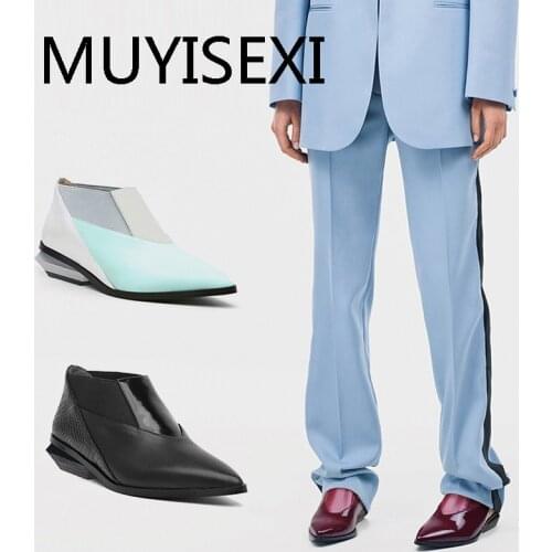European style genuine leather superstar pointed toe 3cm low strange heel slip on lady office work patchwork boot HL324 MUYISEXI