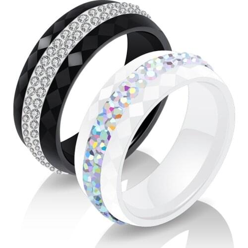 Korean New Fashion Mens Womens Simple Ceramic Black White Ring Rhinestones Wedding Ring