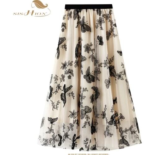 SISHION Lace Butterfly Skirt Summer Princess Tulle Skirts Womens Mesh A-line Saia Female Jupe Tutu Skirts Faldas Mujer WF0134