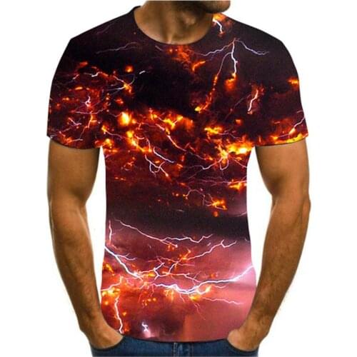 Summer Mens 3D Printing T-shirt Lightning Scenery Printing T-shirt Mens T-shirt Summer Black T-shirt Round Neck Beach T-shirt