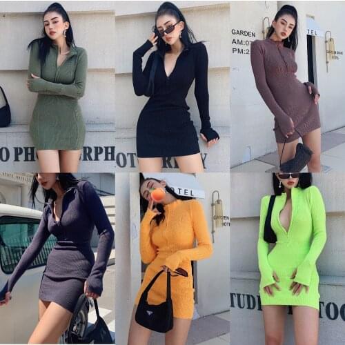 Hot girl Europe and the United States retro zipper knit skirt long-sleeved slim tight-fitting hip bottoming dress women