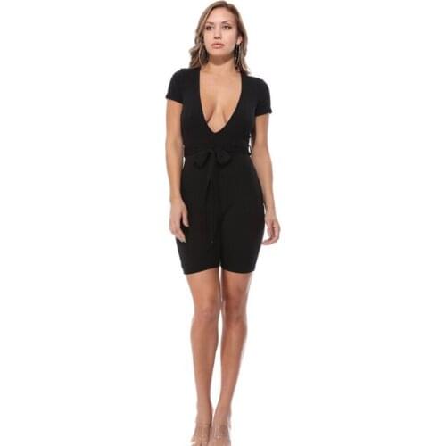 Summer New Womens Wear V Collar Short-Sleeved Belt Black Sport Tight Pants Jumpsuit Bodycon