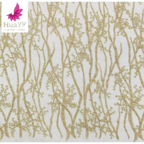 New French Gold 3d Beaded Lace Sequins Tulle Embroidery Metal Thread For Dress HY1323