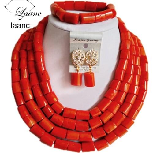 Orange coral necklace african beads jewelry set nigerian wedding set 4RDS