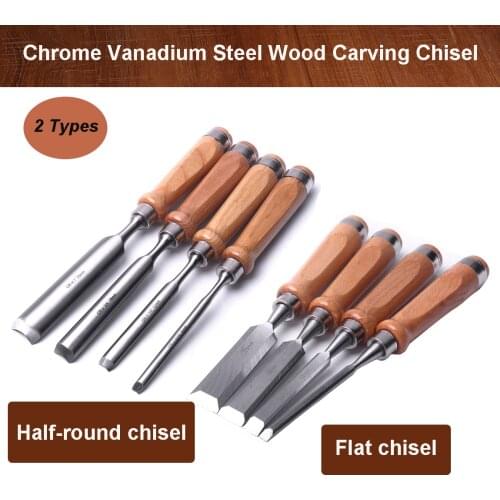 Durable Chrome Vanadium Steel Wood Chisel Carpenters Carving Chisel DIY Flat/Half-round Woodworking Chisels 6/8/12/18/19/25MM