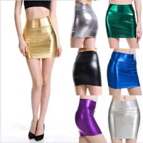 Sexy MINI Skirt Faux Leather Skirt For Women Nightclub Pole Dancewear Girls PU Gold Silver Ladies Tight Package Hip Short Skirt
