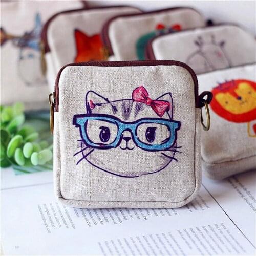 M022 Cartoon Lovely Fox Cat Printed Canvas Zipper Bag Geometric Square Multi-function Zero Wallet Women Student Gift Wholesale