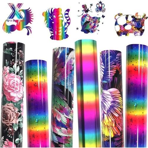 XFX HTV Heat Transfer Vinyl Holographic Iron on Vinyl 6 Pack 12 x 10inch Rainbow Floral Flower Stars Pattern Vinyl for T Shirts