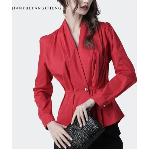 Office Ladies Elegant Red Blouse Pleated Cotton Peplum Top Long Sleeve V-Neck Slim Waist Fashion Temperament Women Autumn Shirts