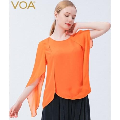 VOA Silk Orange O-Neck Woman Tshirts Short Sleeve Asymmetrical Design Georgette Split T-shirt Under Stitching Female Tops BE737